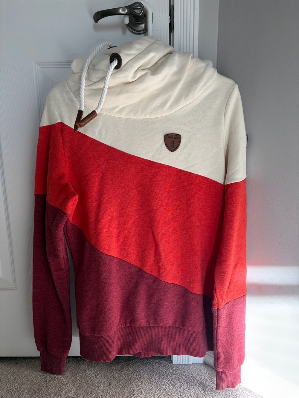 Women’s Colorblock Funnel Neck Sweater Hoodie - Cream, Red, Burgundy